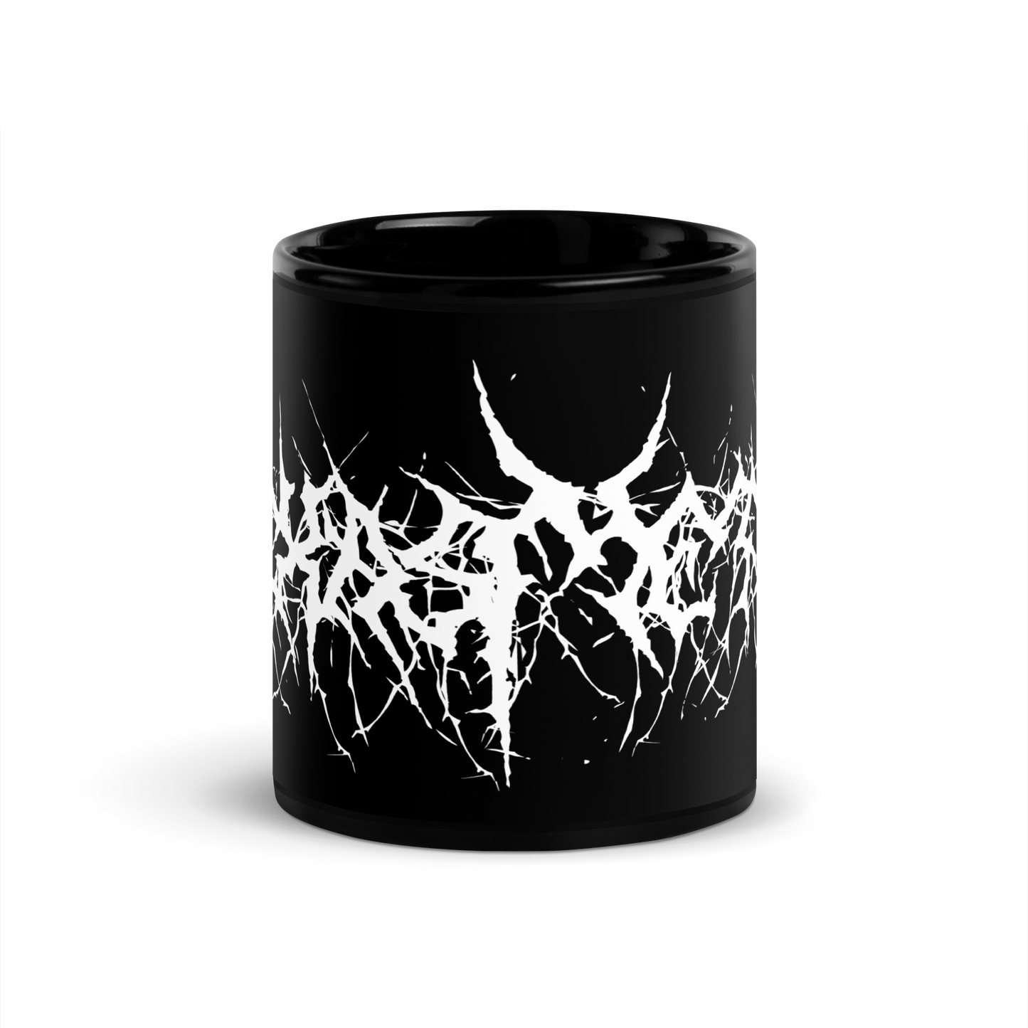 Custom Name Black Metal Coffee Mug in White Text
