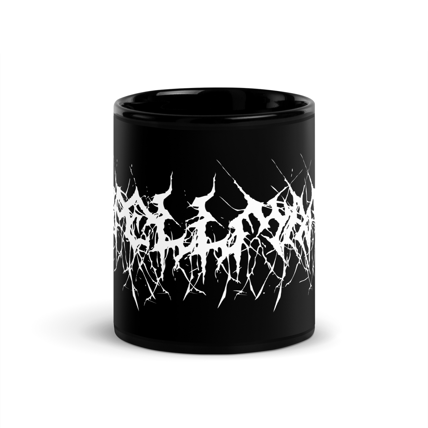 Custom Name Black Metal Coffee Mug in White Text
