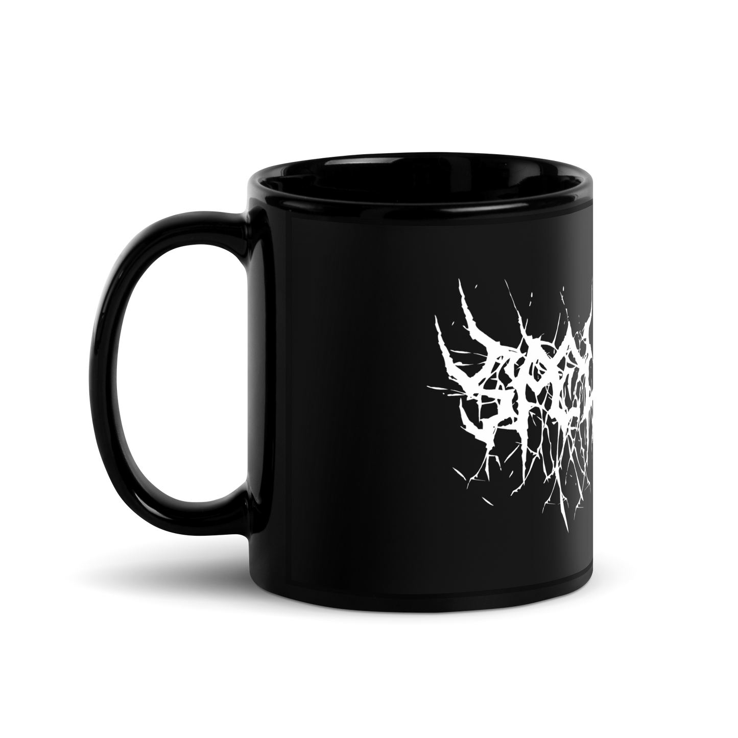 Custom Name Black Metal Coffee Mug in White Text