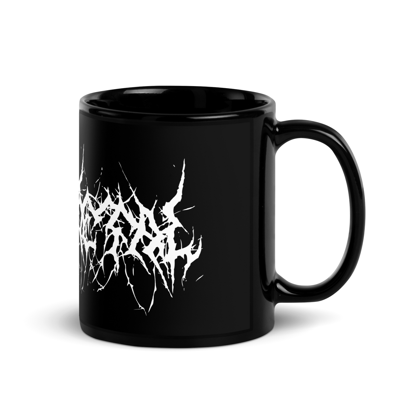 Custom Name Black Metal Coffee Mug in White Text