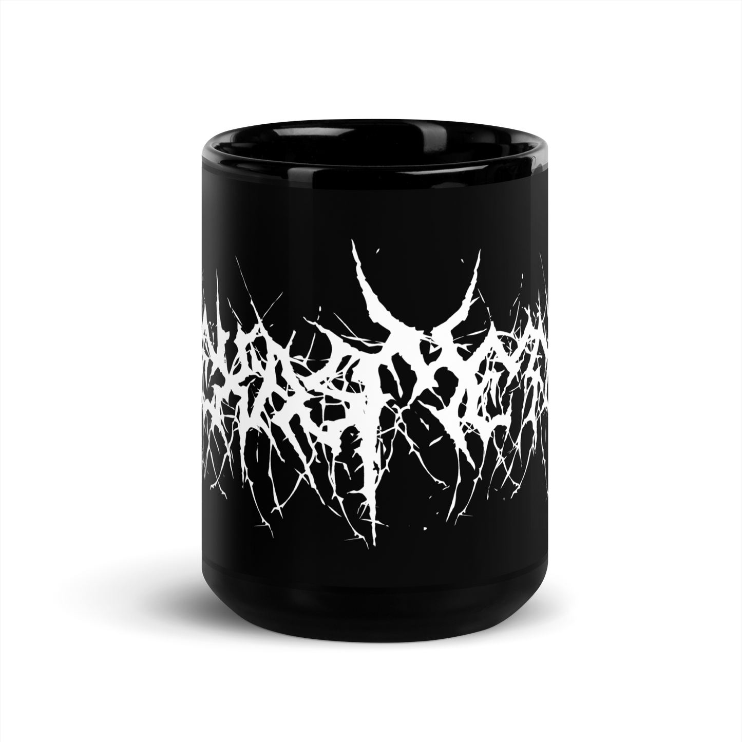 Custom Name Black Metal Coffee Mug in White Text