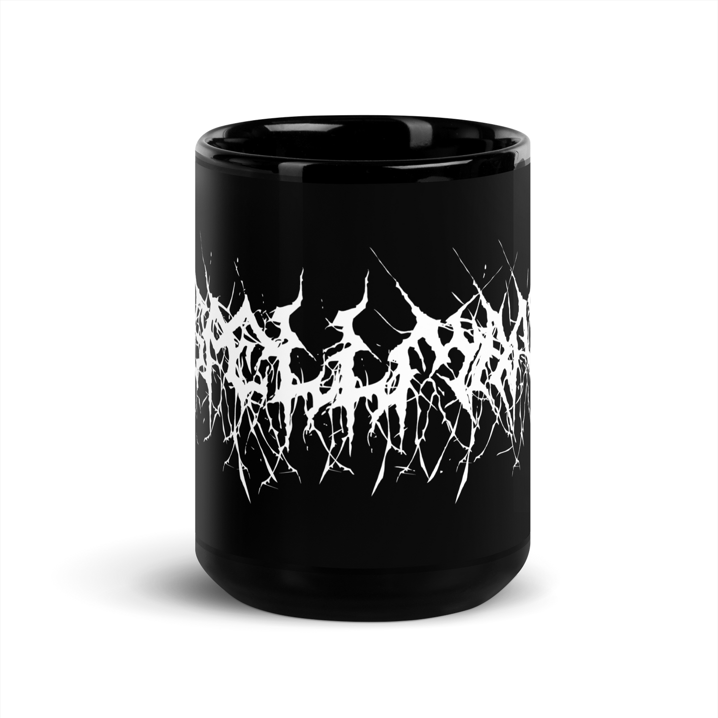Custom Name Black Metal Coffee Mug in White Text