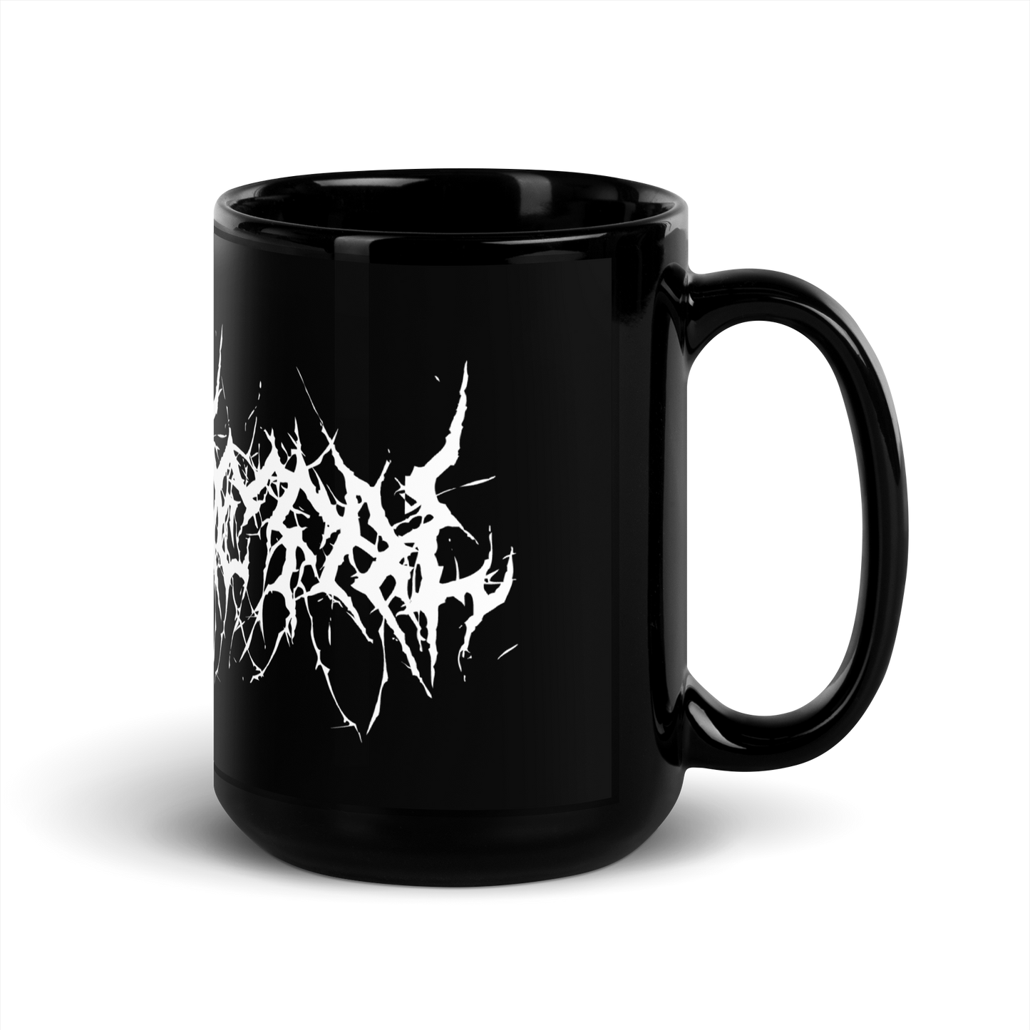 Custom Name Black Metal Coffee Mug in White Text