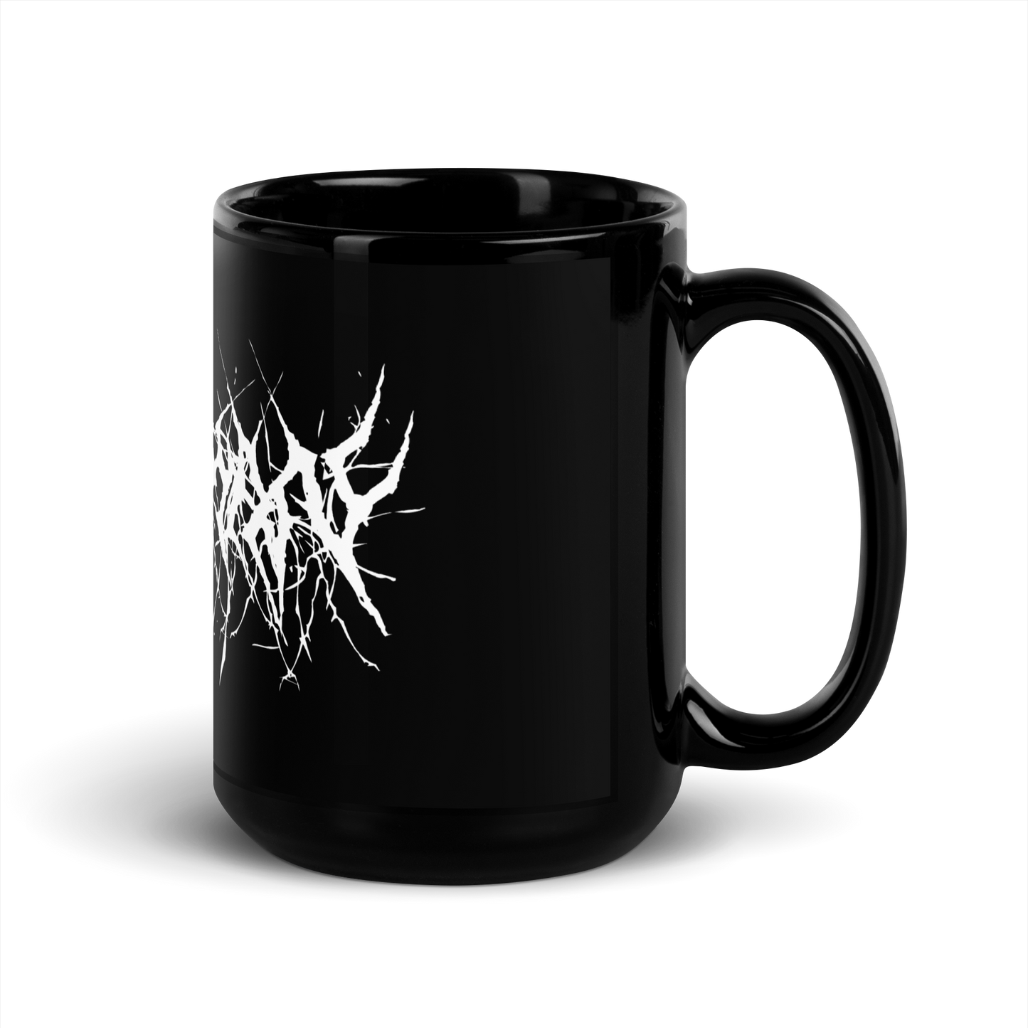 Custom Name Black Metal Coffee Mug in White Text