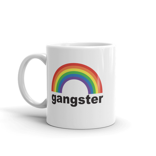 Rainbow with gangster text on a white coffee mug.
