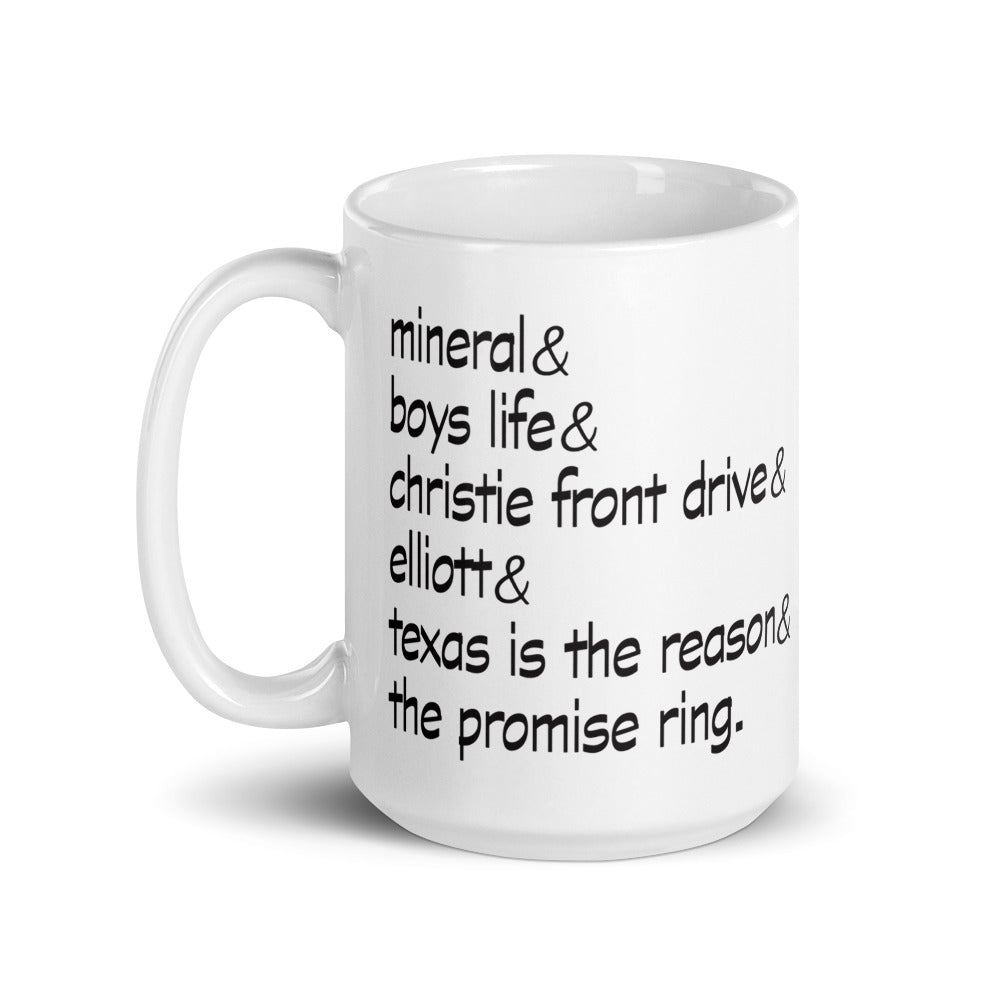 15 oz 90s emo coffee mug with Mineral Boys life Texas is the reason and promise ring