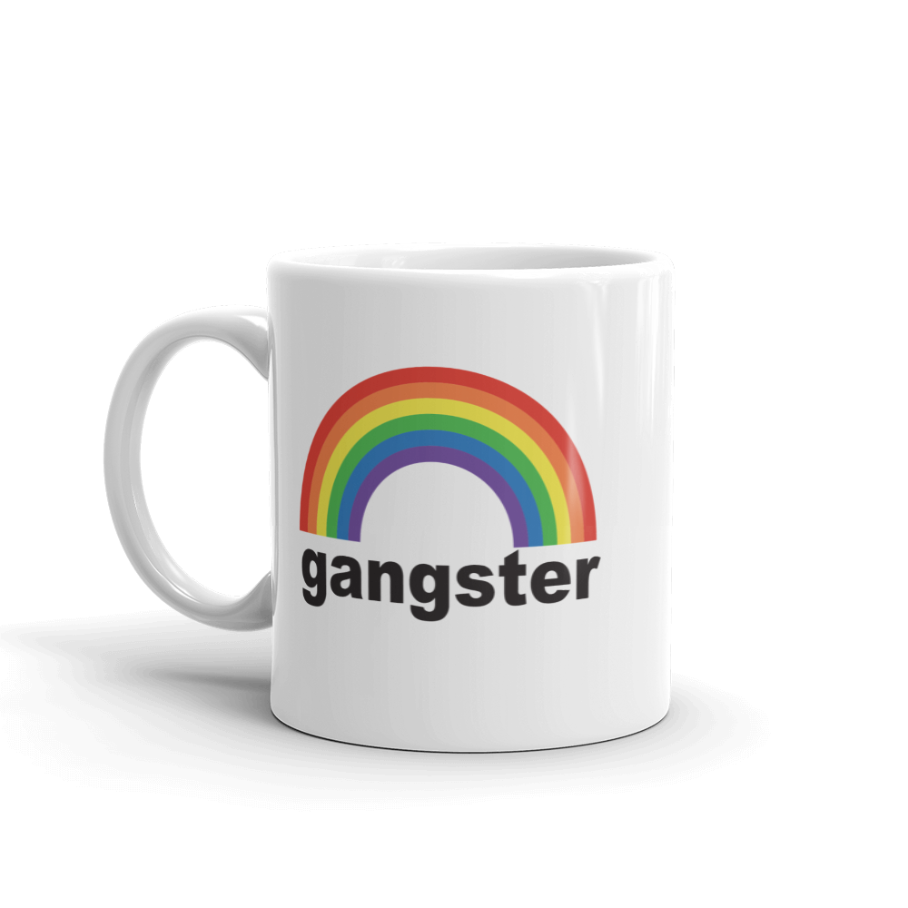 Rainbow with gangster text on a white coffee mug.