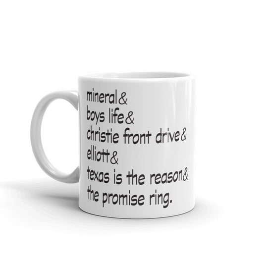 90s emo coffee mug with Mineral Boys life Texas is the reason and promise ring