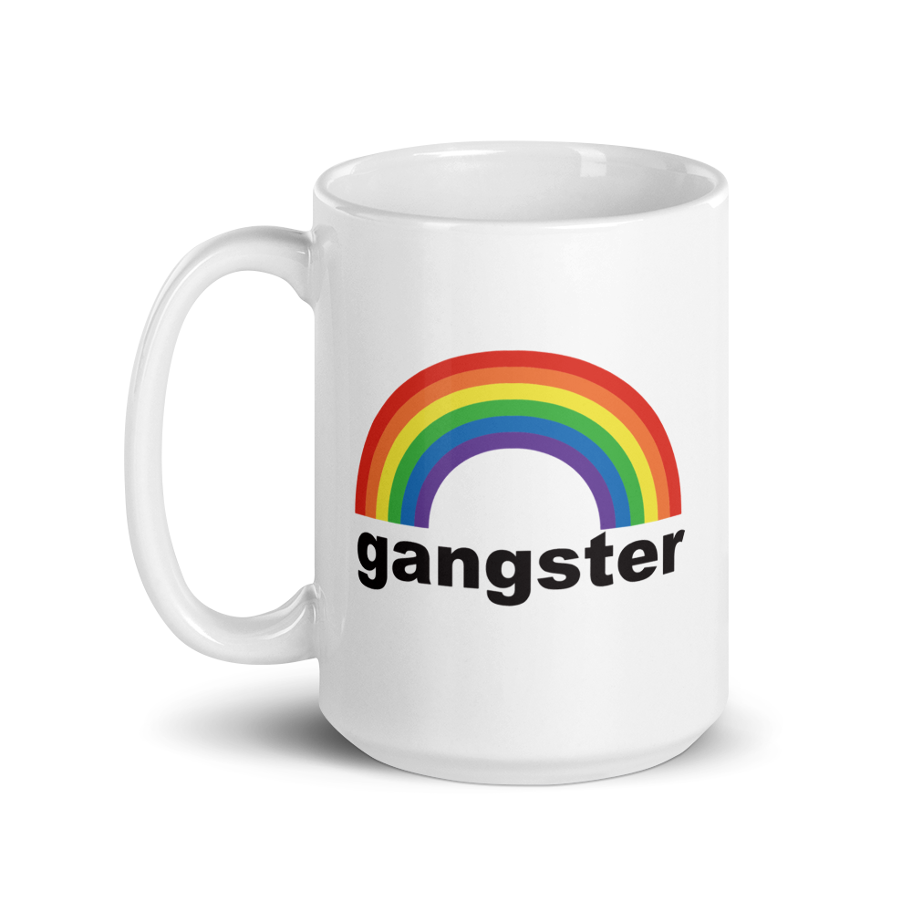 15oz Rainbow with gangster text on a white coffee mug.