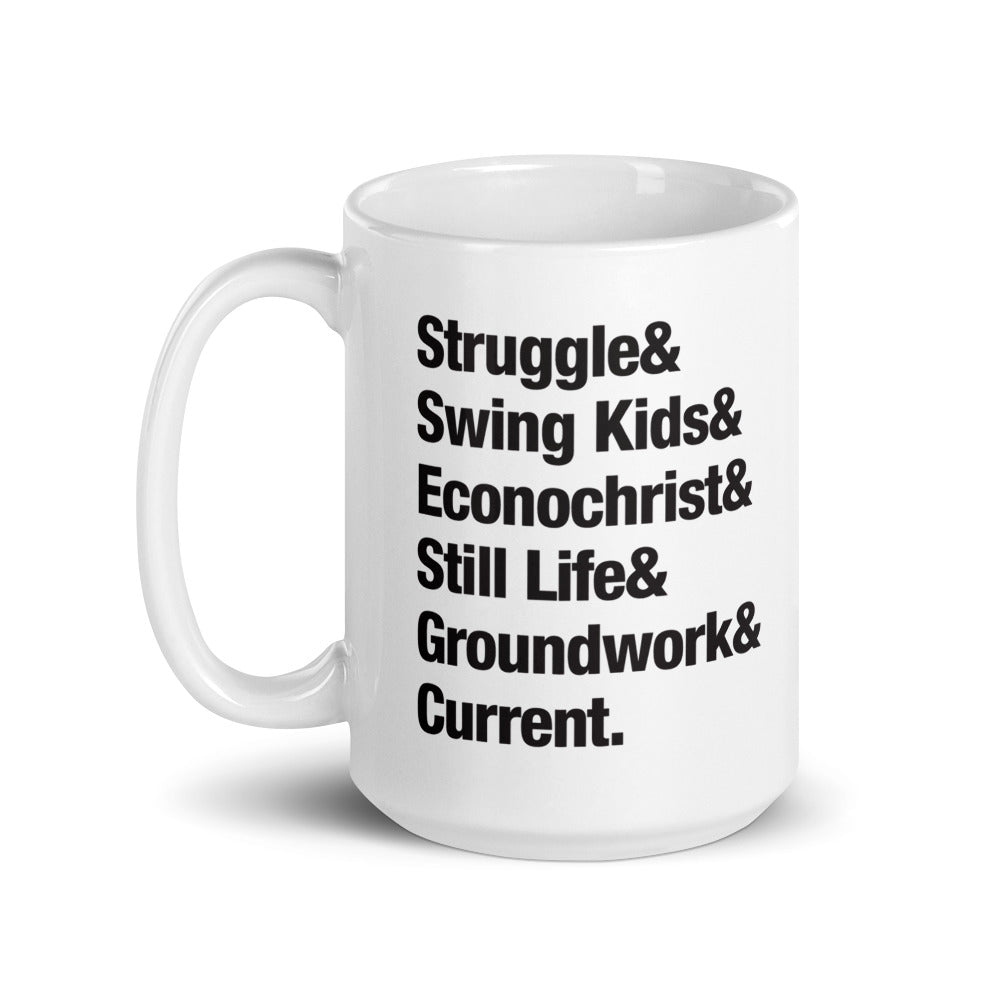 15oz Scremo Hardcore Coffee mug with bands like struggle Swing kids Econcochrist Still life and groundwork 
